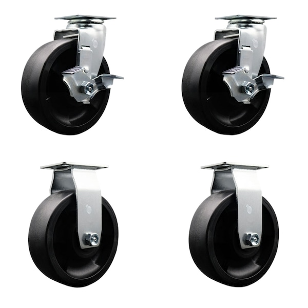 6 Inch Glass Filled Nylon Caster Set with Ball Bearings 2 Brakes 2 Rigid SCC
